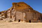 Saudi Arabia, Medina, Al-Ula, Hegra. Nabatean rock cut ruins at the Hegra Archaeological Area. Art Print